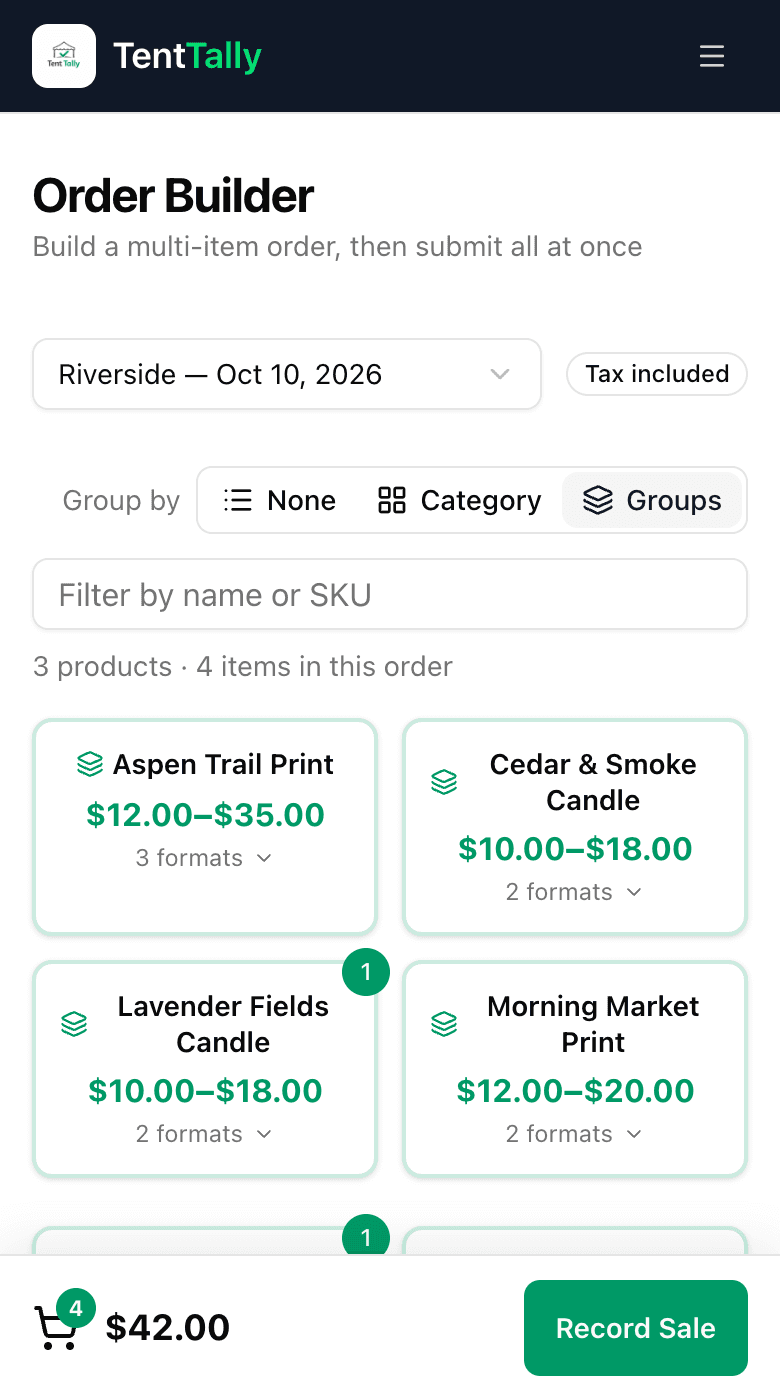 TentTally Order Builder on a phone: candle and print tiles grouped by design, items in the cart, the running total, and a Record Sale button.